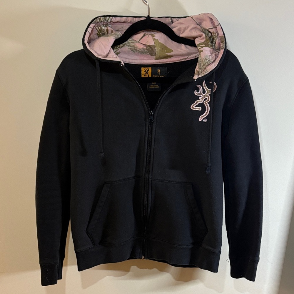 Browning Black Hoodie with Pink Camo Hood Lining